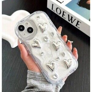iphone 13 silver hearts‎ hard silicone cell phone case